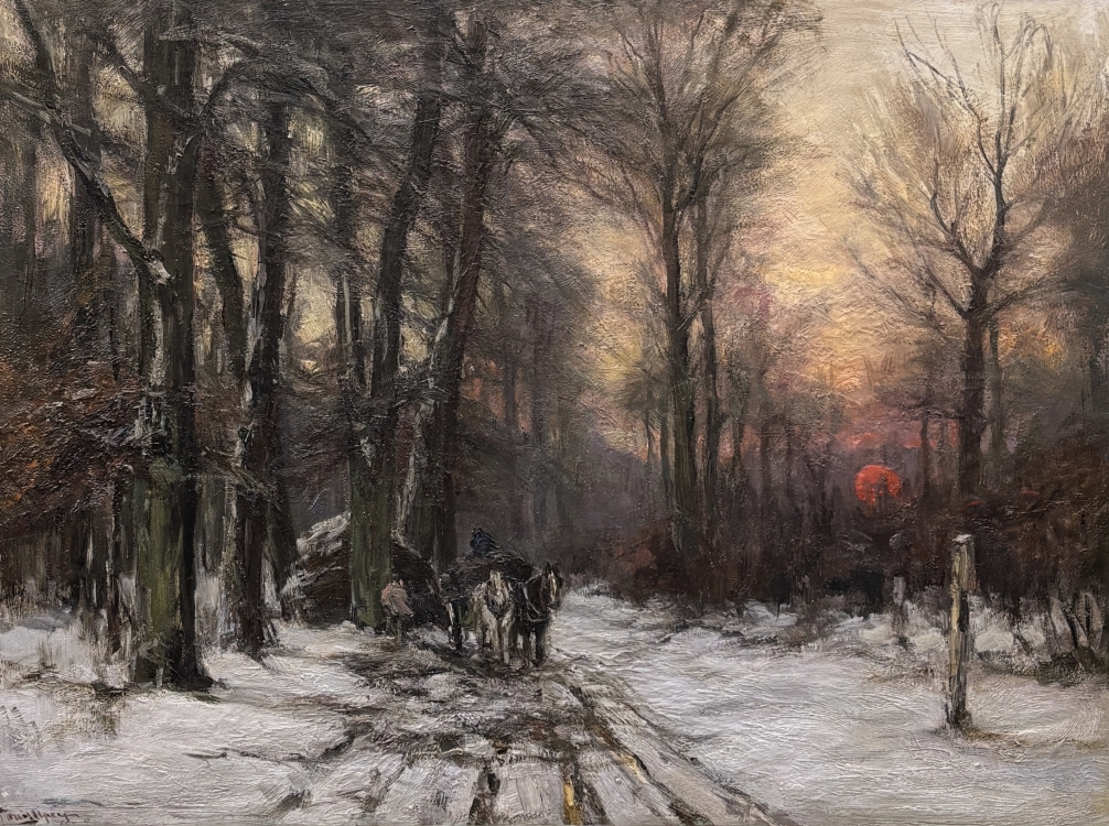Kar met paarden in een winterlandschap bij zonsondergang,
