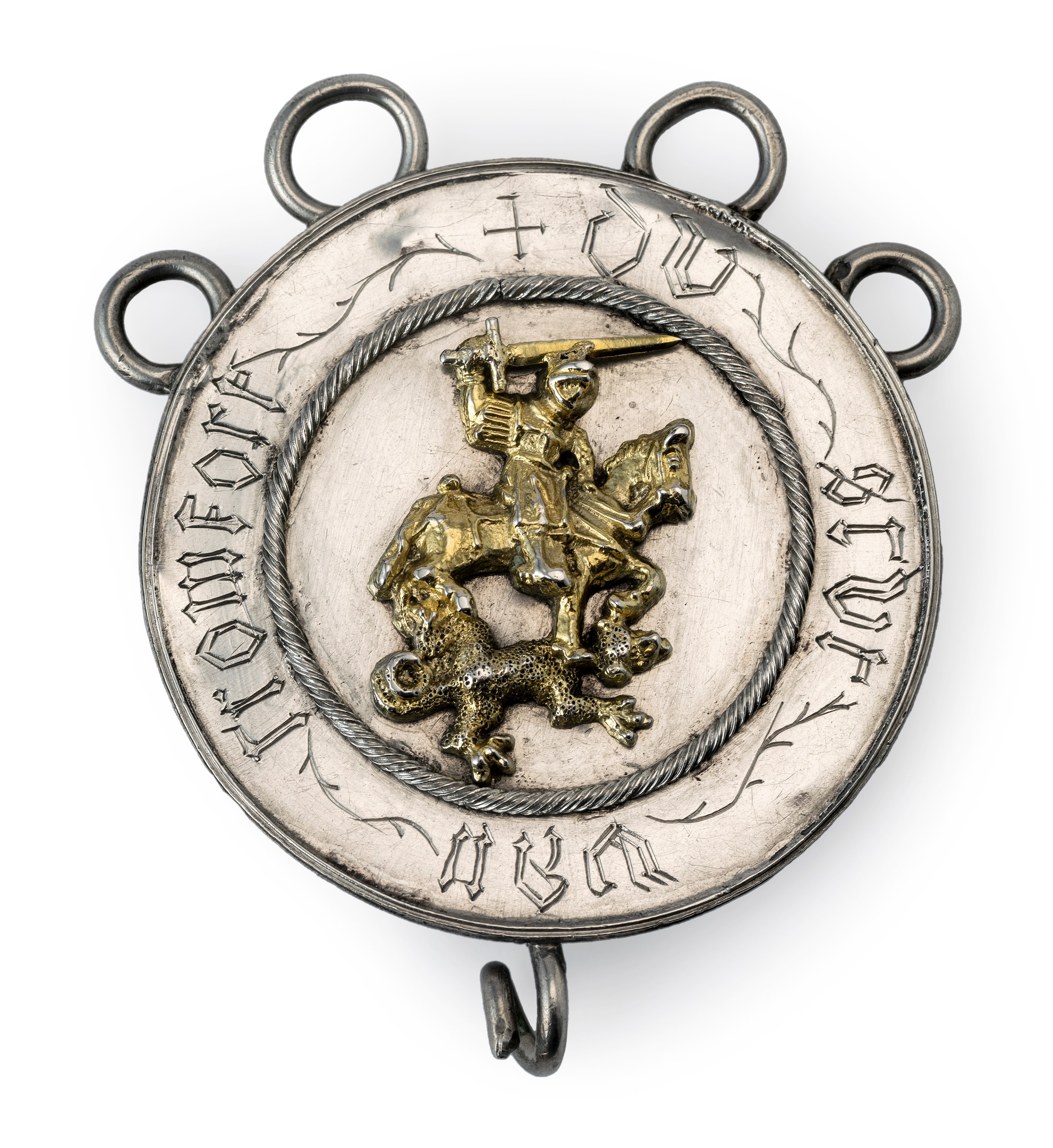 Dutch Parcel-gilt silver patron sign of the guild of St. George of Cromfoirt, Peter Vallickners, Den Bosch (Bois-le Duc), 1549/1550