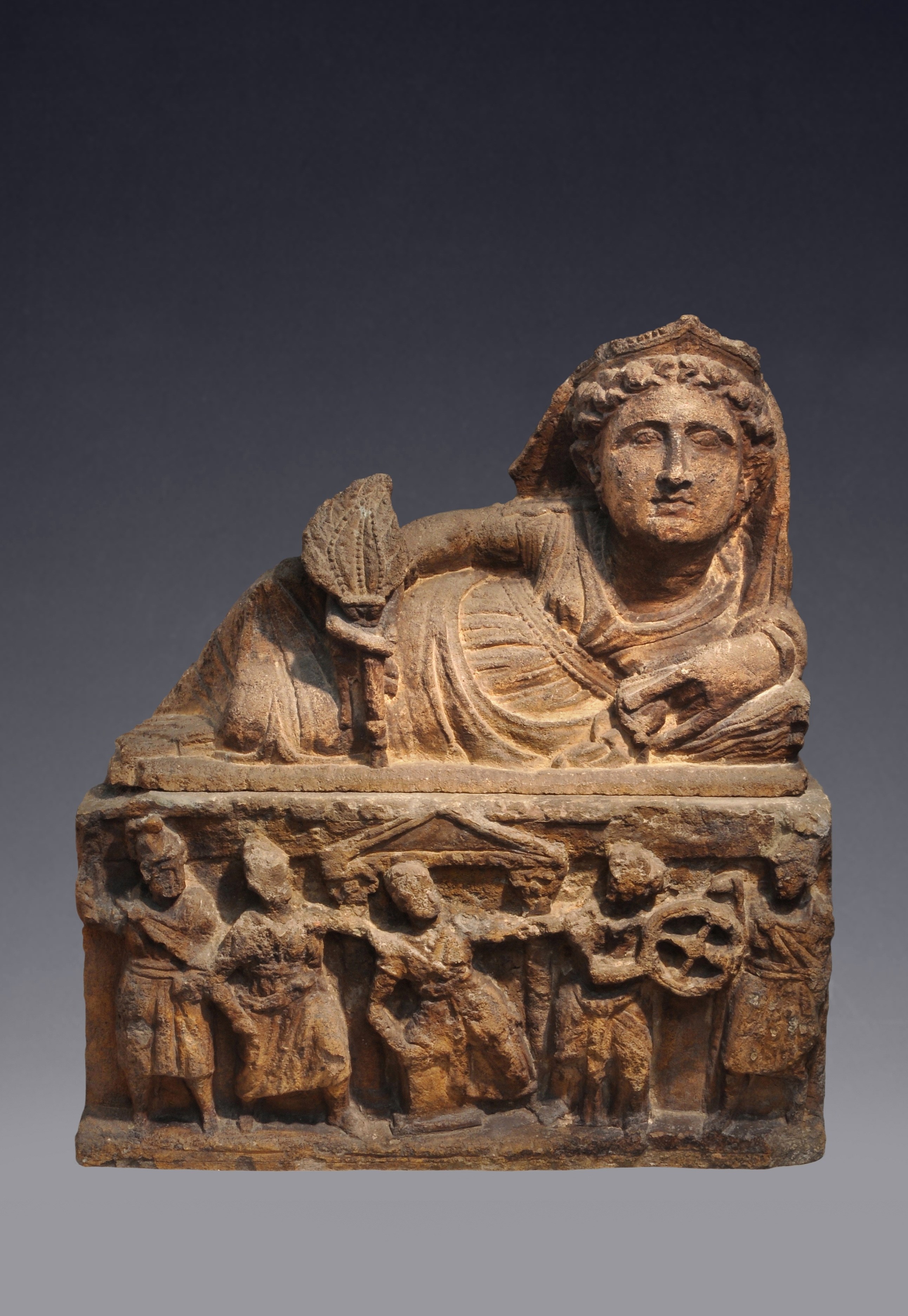 ETRUSCAN TUFF STONE FUNERARY URN.