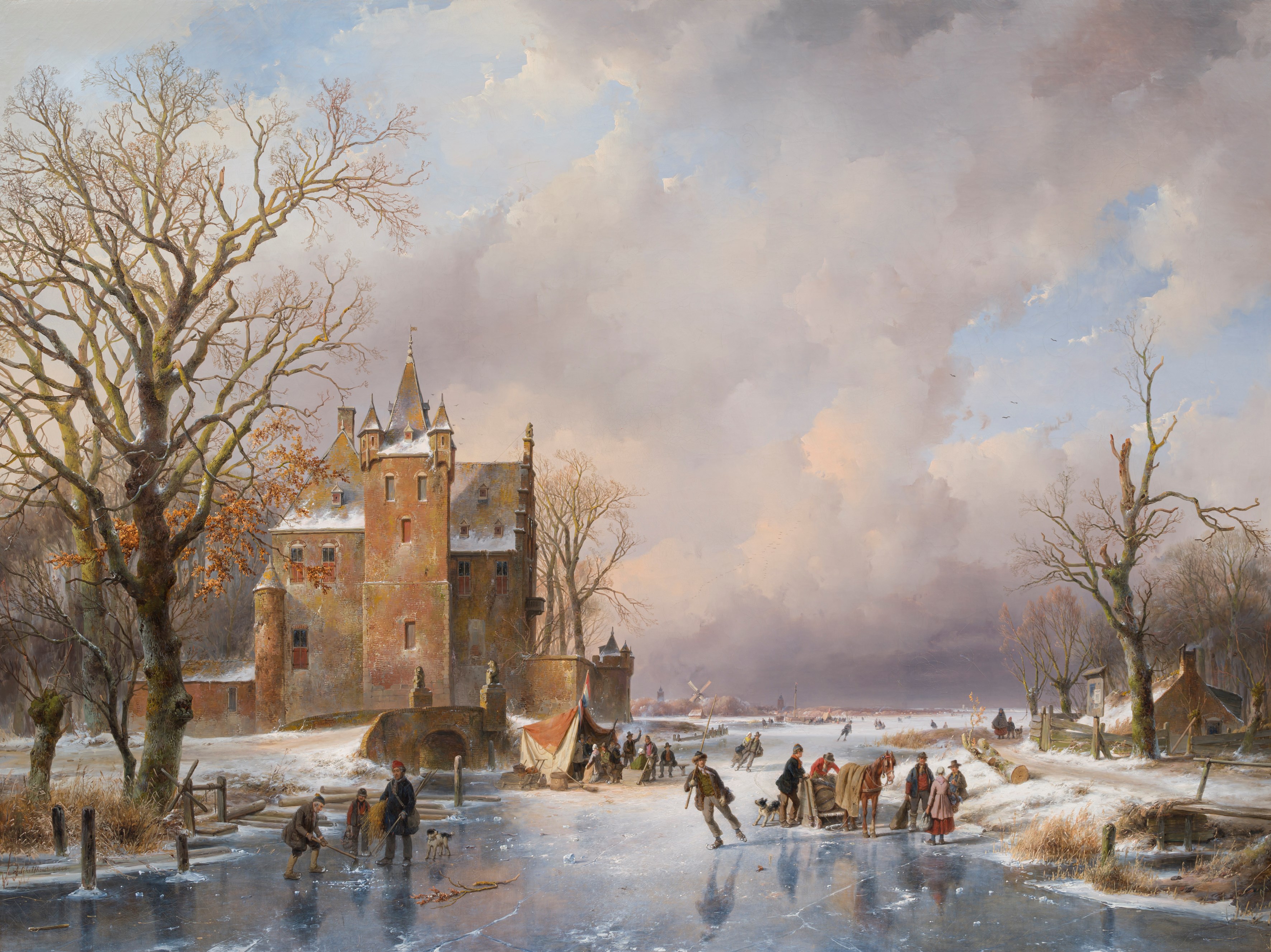 Een Hollands winterlandschap vele schaatsenrijders en een kasteel